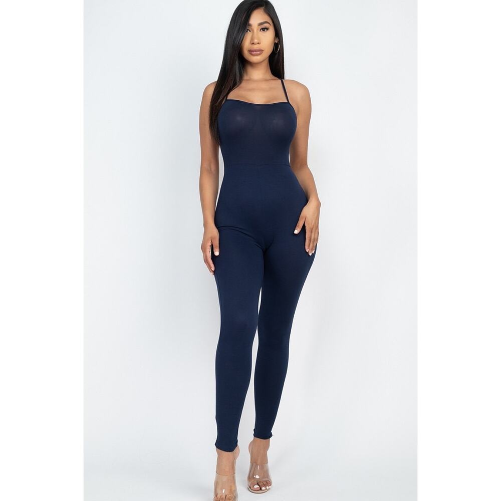 Criss-cross open back bodycon jumpsuit (Navy)-Small